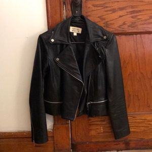 Mango Genuine Leather Cropped Moto Jacket